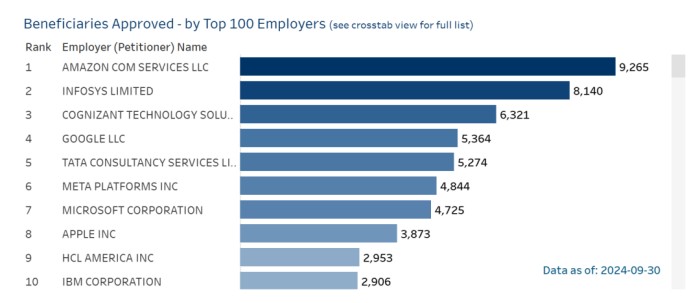 提供H1B签证数前十雇主