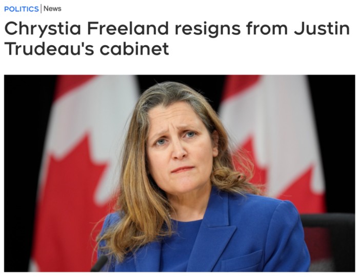 加拿大副总理兼财长弗里兰宣布辞职