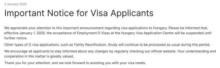 匈牙利暂停受理就业D类签证