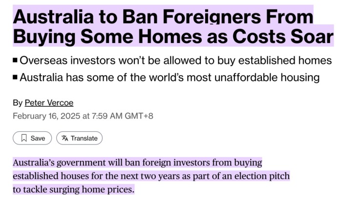 澳洲禁止外国人买房