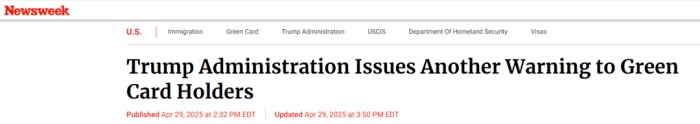 川普向绿卡持有人发出最新警告