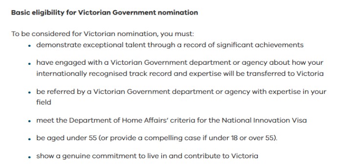 维州NIV提名基本要求