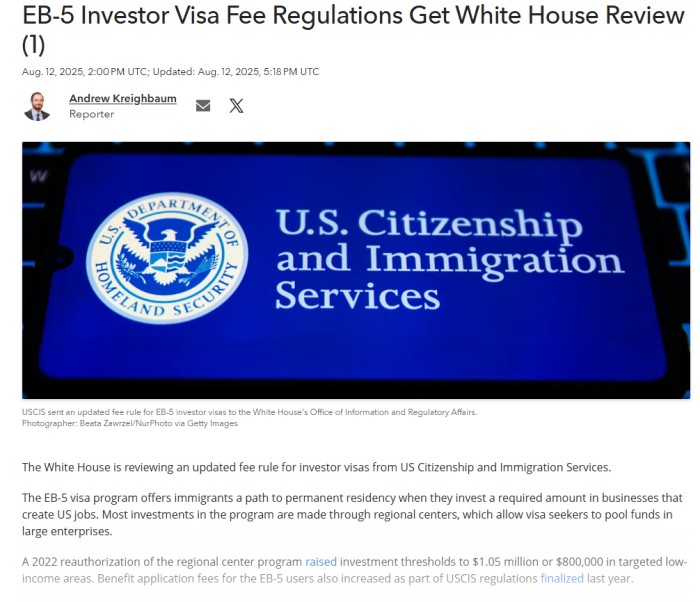 EB-5收费新规草案提交至白宫审查