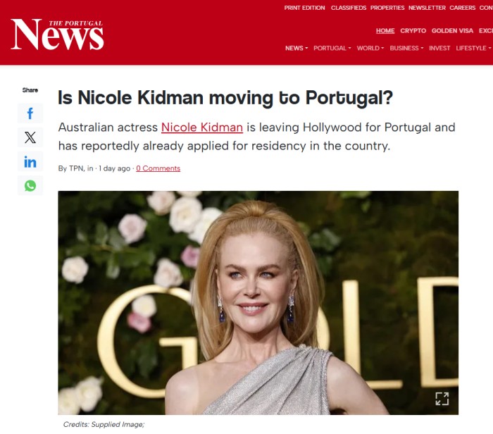 妮可·基德曼移居葡萄牙 妮可·基德曼移居葡萄牙