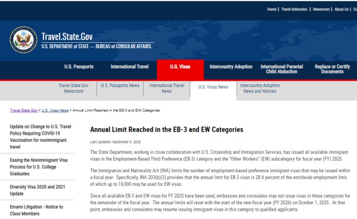 EB-3和EW类别的移民签证名额已用完 EB-3和EW类别的移民签证名额已用完