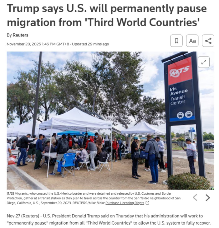 美国将永久暂停来自所有“第三世界国家”的移民 美国将永久暂停来自所有“第三世界国家”的移民