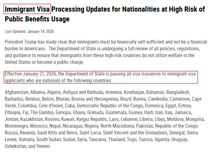 暂停仅适用于移民签证类别