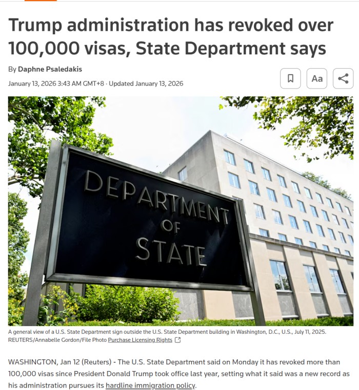 2025年美国撤销超10万份签证