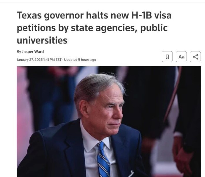 得州全面叫停H-1B申请 得州全面叫停H-1B申请